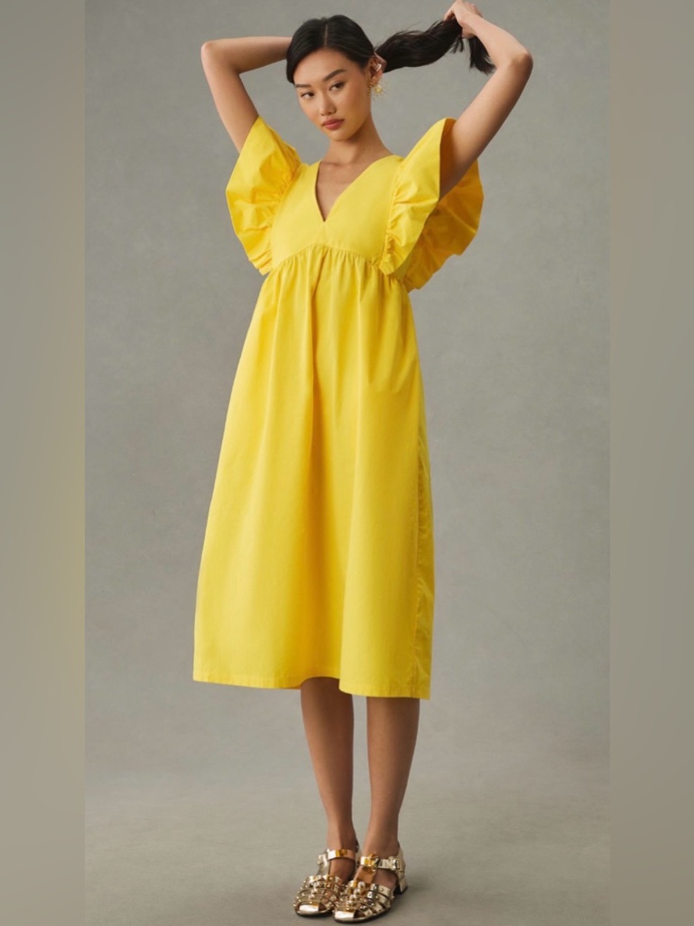 Maeve Yellow Flutter Sleeve Babydoll Midi Dress Size S